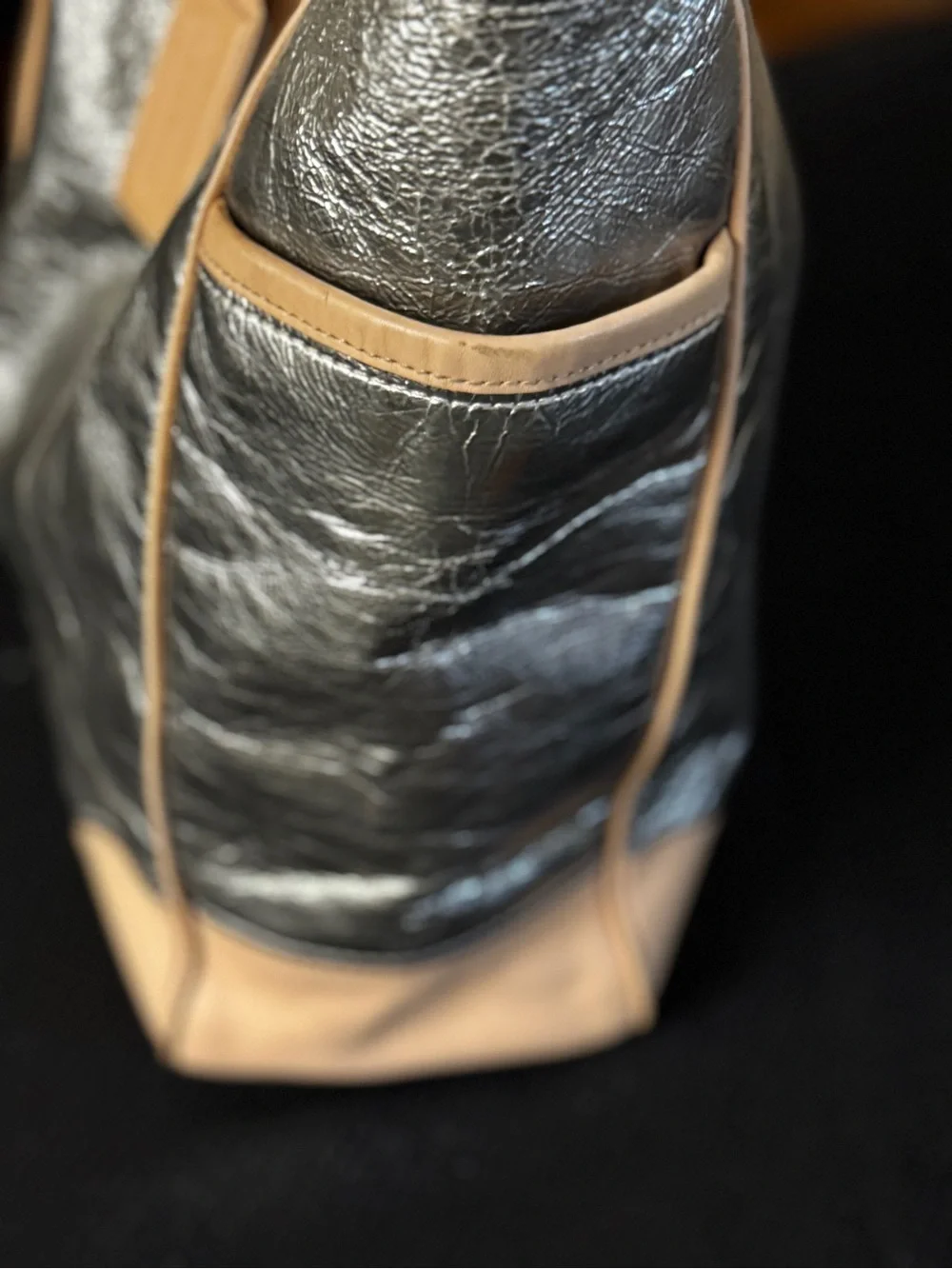 Coach Metallic Silver Leather Tote with Tan Trim